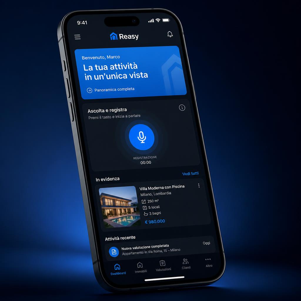 Schermata dell'app immobilAI su smartphone con il pulsante di registrazione vocale